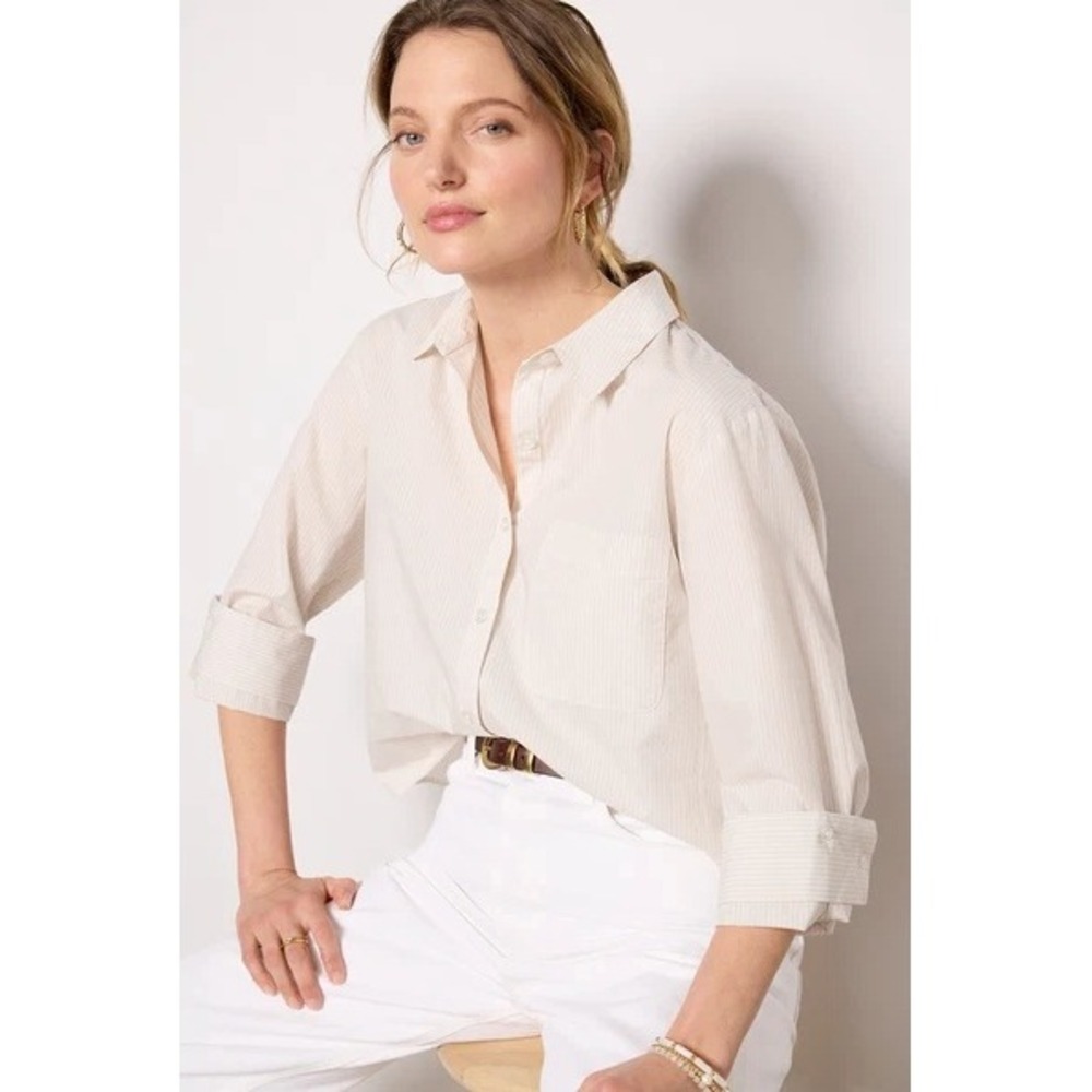EVEREVE Aiden Cropped Shirt Tan/White Stripe Button Down Roll Sleeve | Size XS